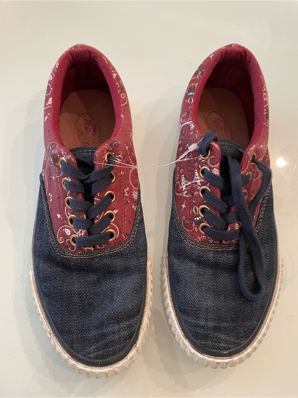Sperry Navy Denim Sneakers with Burgundy Patterned Collar